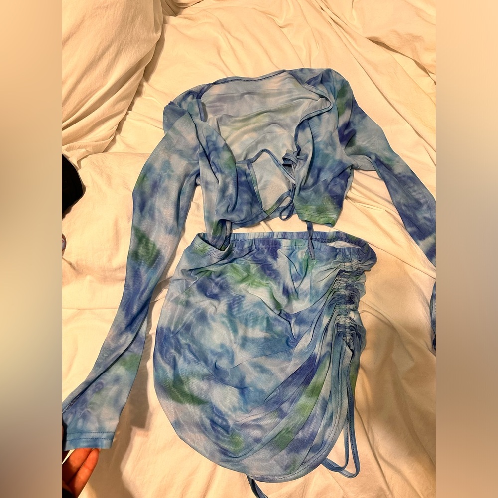 Oh Polly Blue Tie Dye Sheer Swim Collection 2 Piece Bathing Suit Cover Up Large